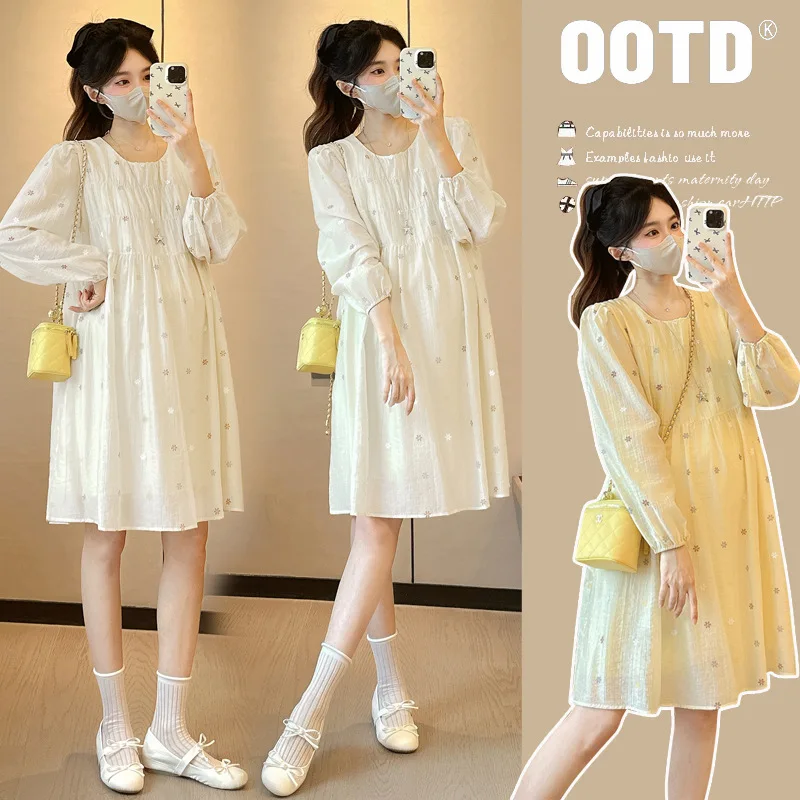 

Pregnancy Maternity Dress Autumn A Line Short Sleeve Floral Print Elegant Style Petite Friendly Flowy Daily Wear Dress for Women