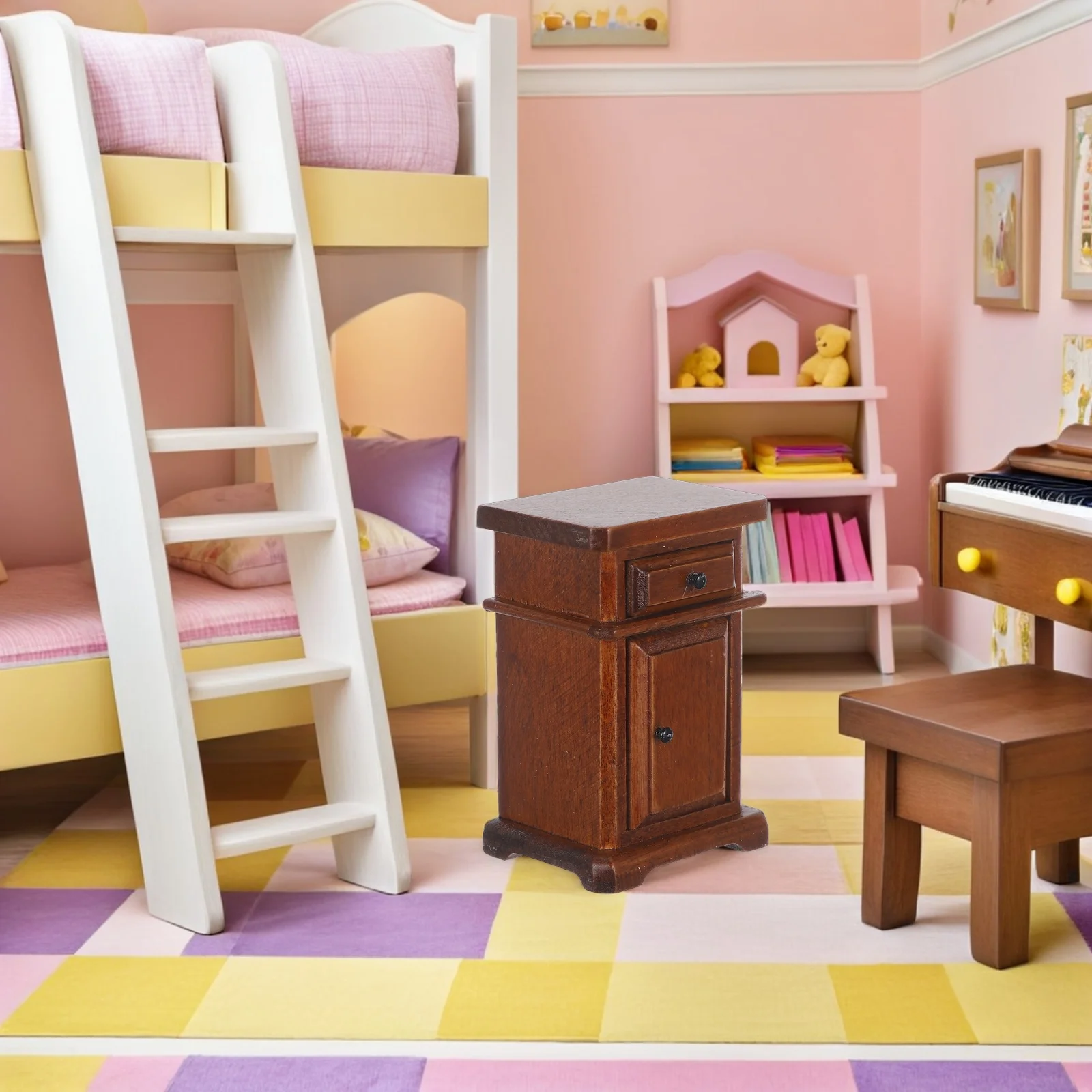 미니 침실 가구 침대 옆 드레서 테이블 나무 인형 집 나무 스탠드 액세서리 소형 장식