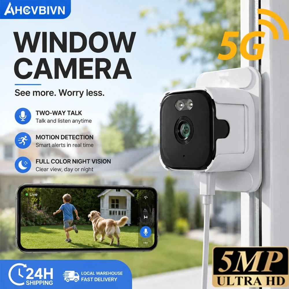 5MP Window Indoor WiFi Camera 5GHz Wireless Baby Pet Monitor Camera HD Night Vision Motion Detection Quick Install Home Security