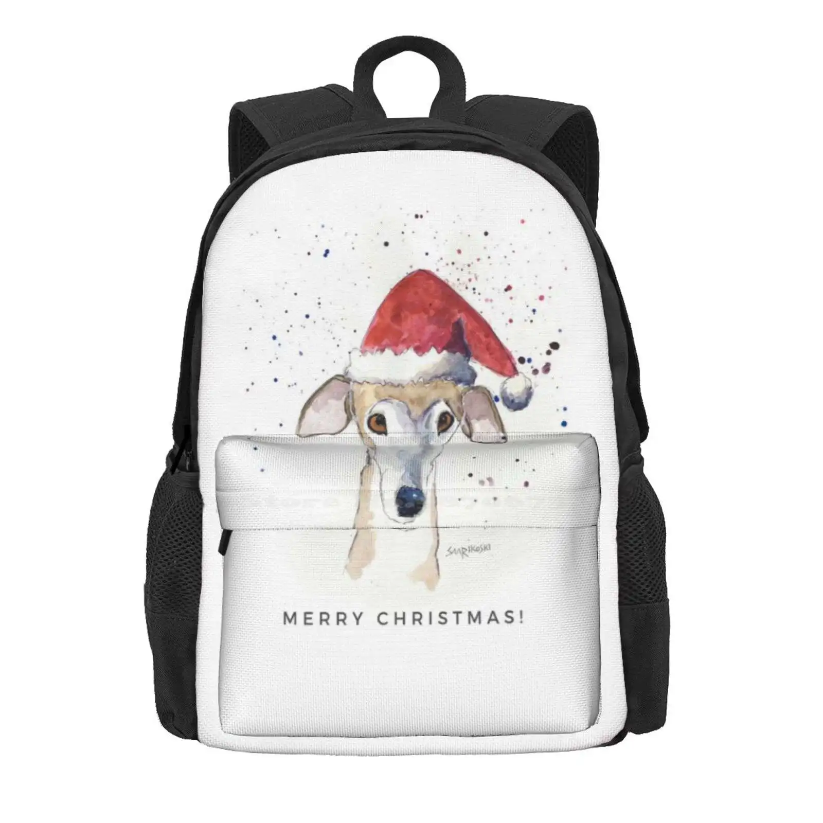 Galgo Espanol Christmas Hat Card, Brindle Greyhound Art Hot Sale Schoolbag Backpack Fashion Bags Christmas Hat Greyhound Galgo