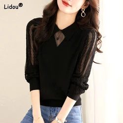 2023 Spring and Autumn Pure Desire Sweet Cool Style Doll Neck Spliced Lace Jacquard Hollow Loose and Versatile Knitted Sweater