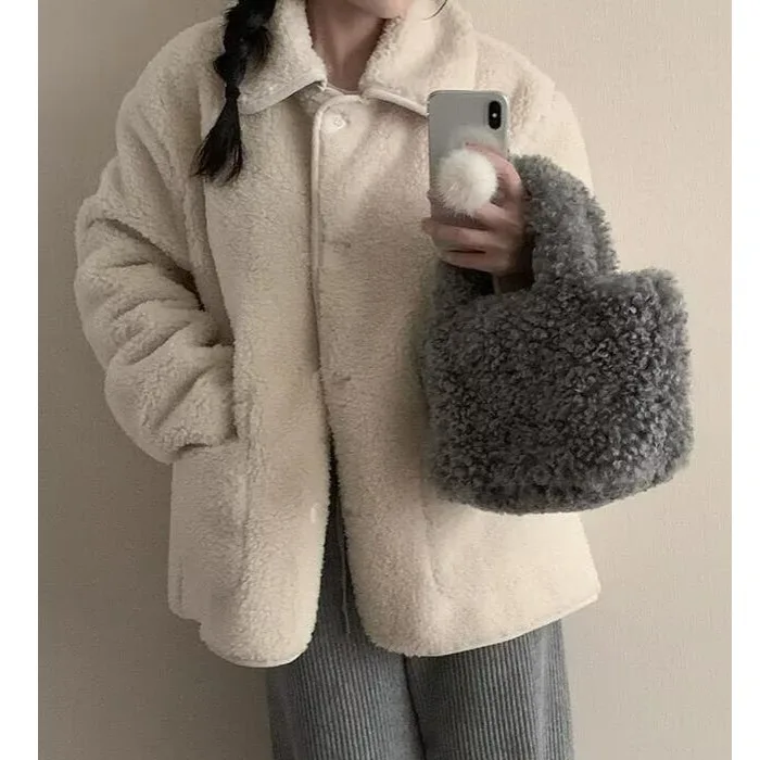 

Ladies' Cotton Jaet Coat Korean Design Retro Furry Single Button Pure Color Lamb Fur Double ket Versatile Top