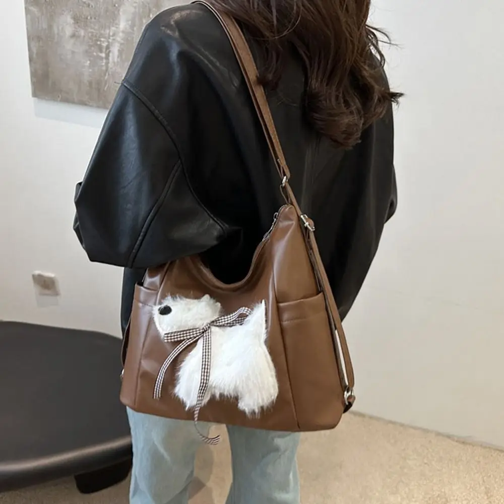 

Cute PU Women Tote Bag Solid Color Plush Puppy Underarm Pouch Large Capacity Soft Casual Backpack Students