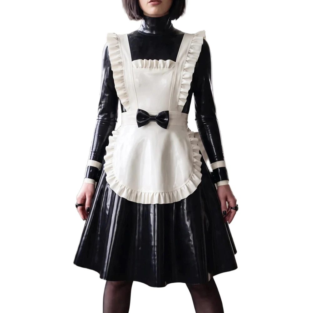 Sexy Latex French Maid Outfit Uniform With Flounce Ruffled Apron Bows Wristband Rubber Skater Dresses Lolita Fashion 384