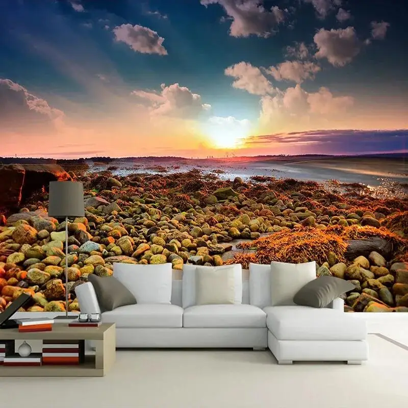 

Custom Large Mural 3D Beautiful Cobblestone Beach Sunrise Landscape Photo Wallpaper Wall Painting Bedroom Living Room Decoration