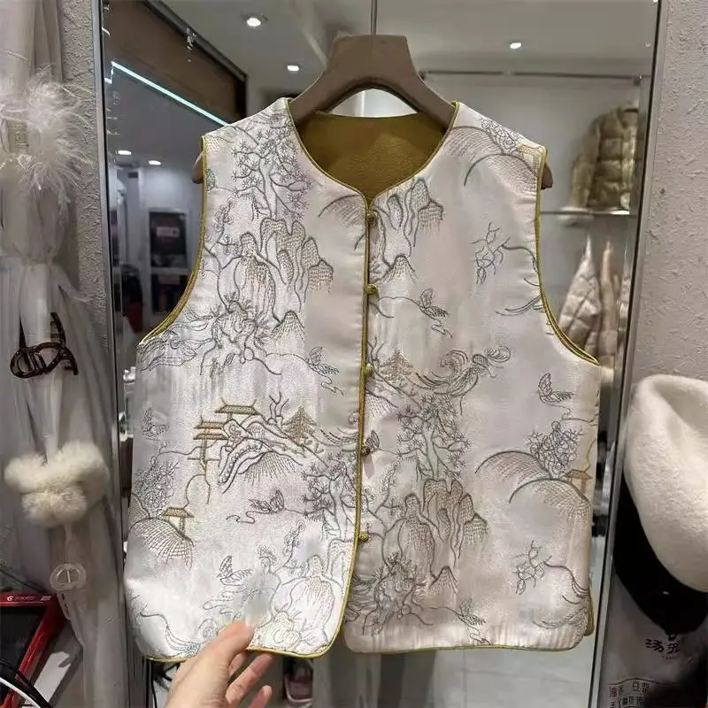 

Floral Embroidered Vest Women Retro Chinese Vintage Ethinic Style Sleeveless Tops Oversized