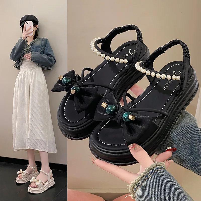 

2024 Sandals Clogs With Heel Black Shoes for Women All-Match New Thick Outside Beige Elastic Band Low Summer Girls Fashion Beac