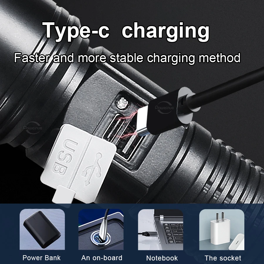 90000LM High Power Led Flashlights Tactical Torch 18650 Built-in battery USB Charging Camping Fishing Emergency Zoom Lantern