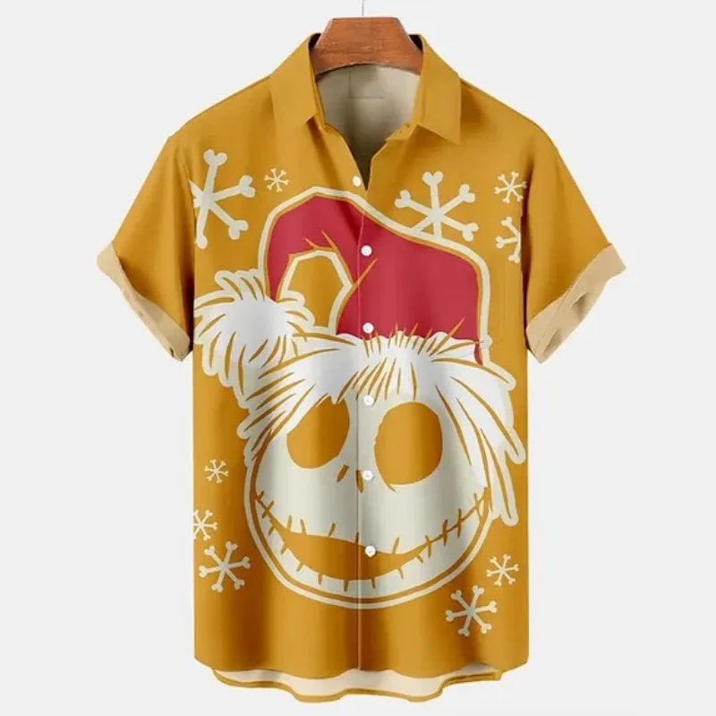 Christmas Men's Shirt Skull Gothic Graphic Short Sleeve Printed Tee Fashion Loose Lapel Button Shirts Outdoor Streetwear Men Top