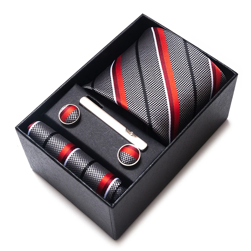 Wholesale  New Style Silk Wedding Gift Tie Pocket Squares Set Necktie Box Solid Men Black Fit Business