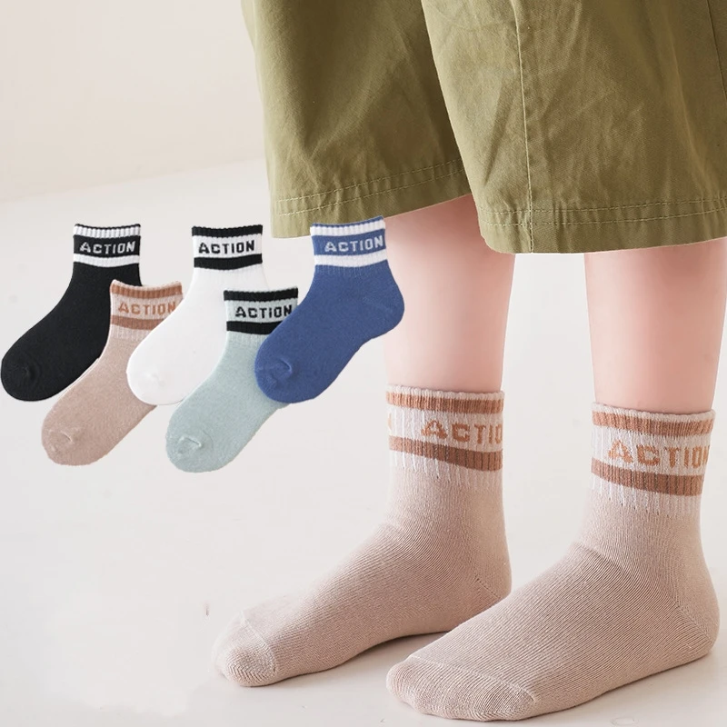 

5 Pairs/Lot Autumn Winter High Elastic Simple Children Socks Korean Cotton Stripes Solid Color Alphabet Boys Girls Socks 1-12 Y