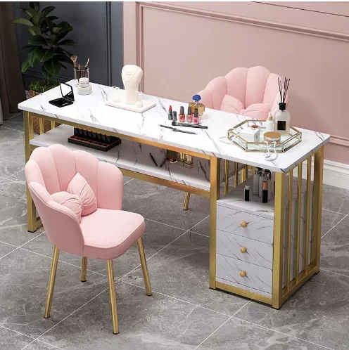 Modern Pink Wooden Nail Table with Durable Metal Base Commercial Beauty Salon Furniture Stylish Nail Station