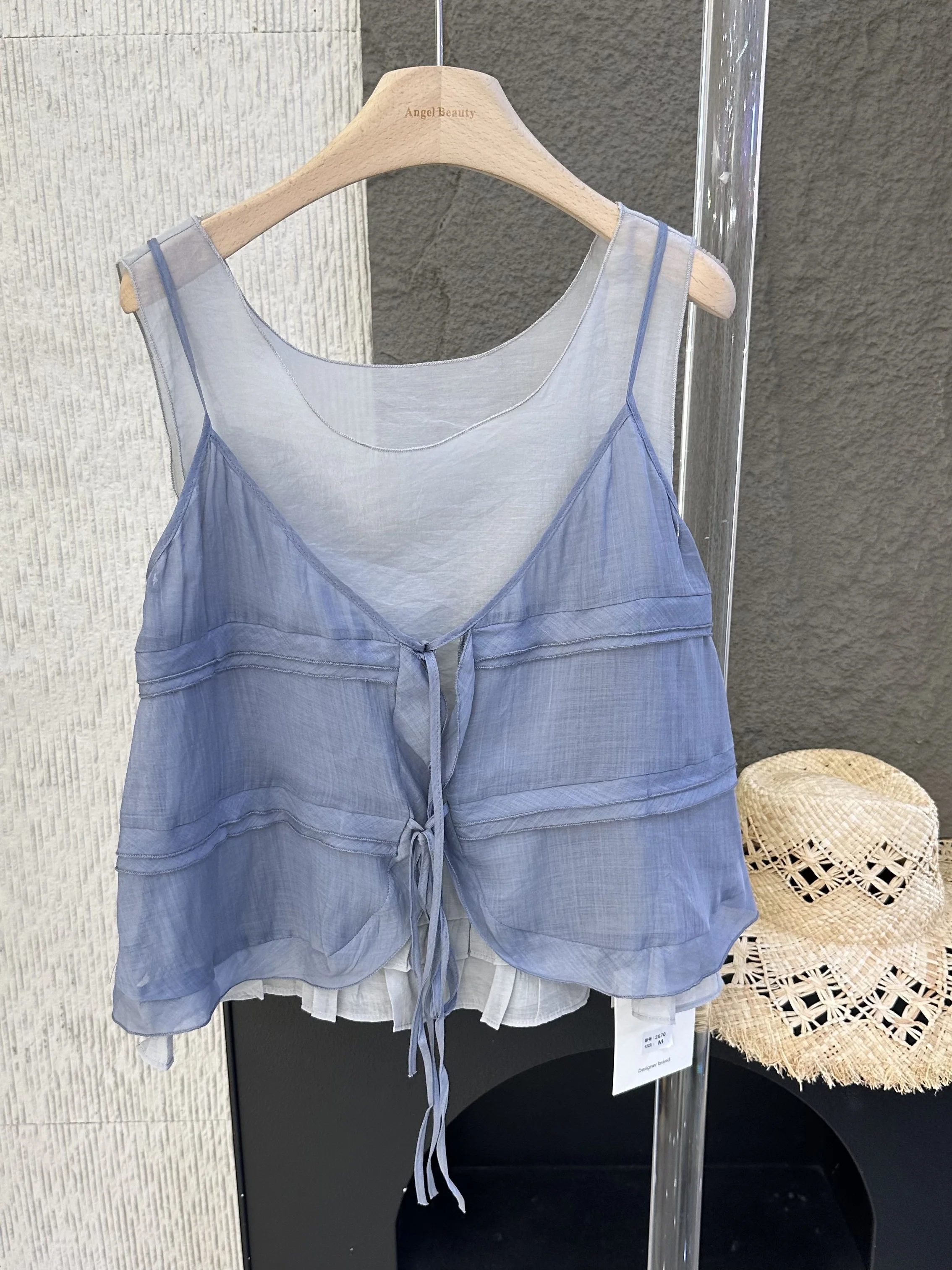 

Summer 2026 Women's Linen Two-Piece Set V-Neck Tie-Waist Tank Top Transparent Feelings Layering Clothing round Neck Regular L...