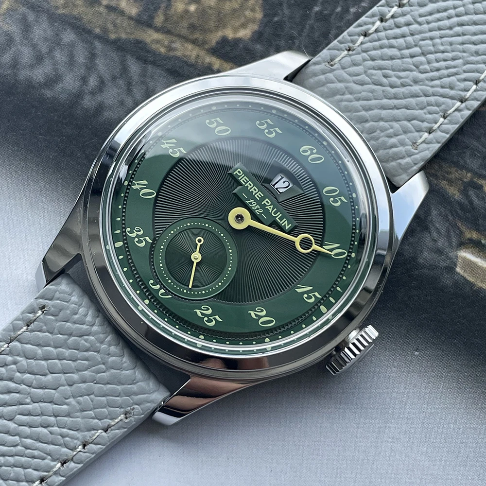 จุดสินค้าใหม่ Pierre Paulin กระโดดชั่วโมงนาฬิกาผู้ชาย Salmon Dial อัตโนมัติ St17 นาฬิกา Vintage Bonklip สร้อยข้อมือ