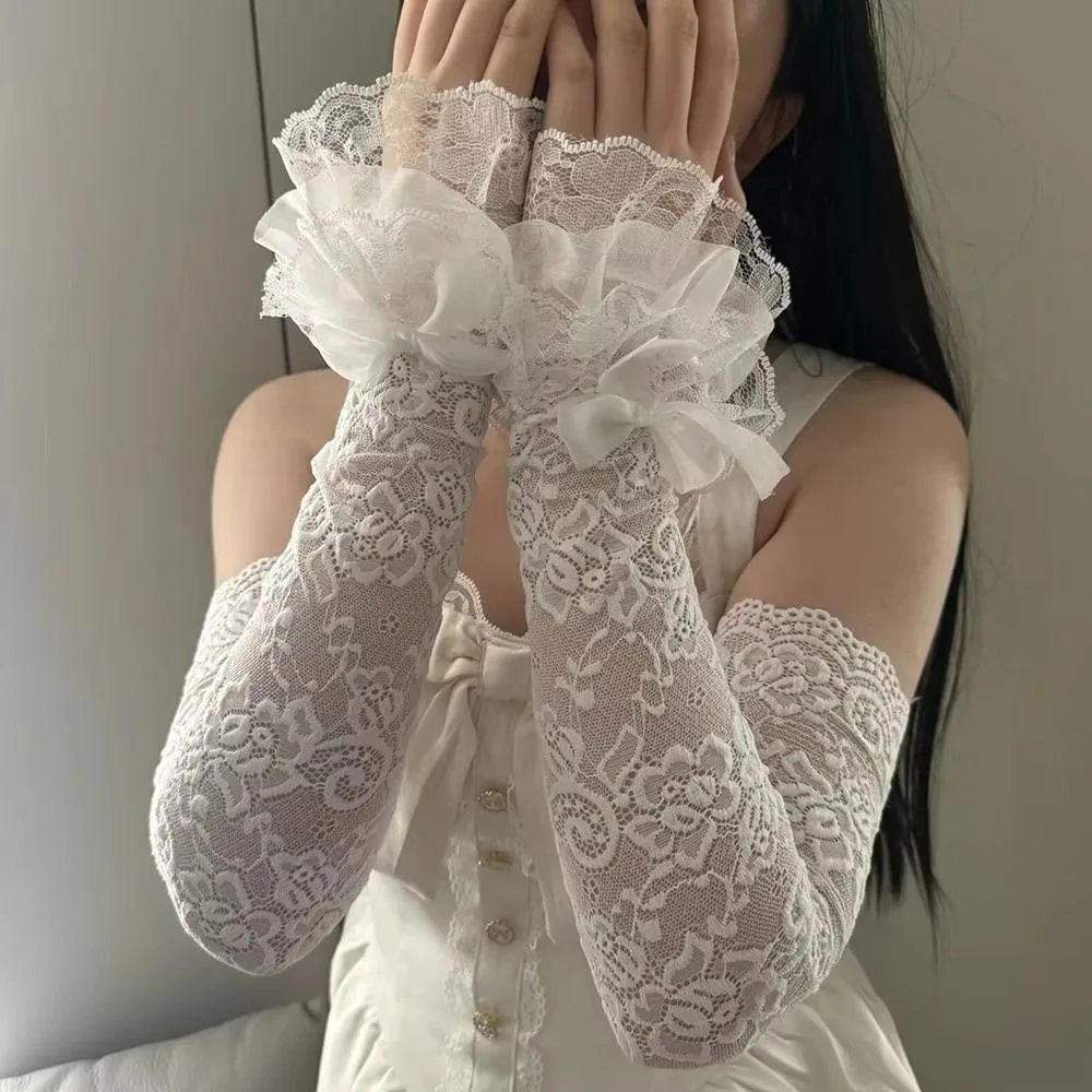 

Элегантные кружевные перчатки без пальцев с вырезами, бантом и цветочным узором, эластичные рукава-накладки из кружева с оборками, свадебные перчатки на запястье