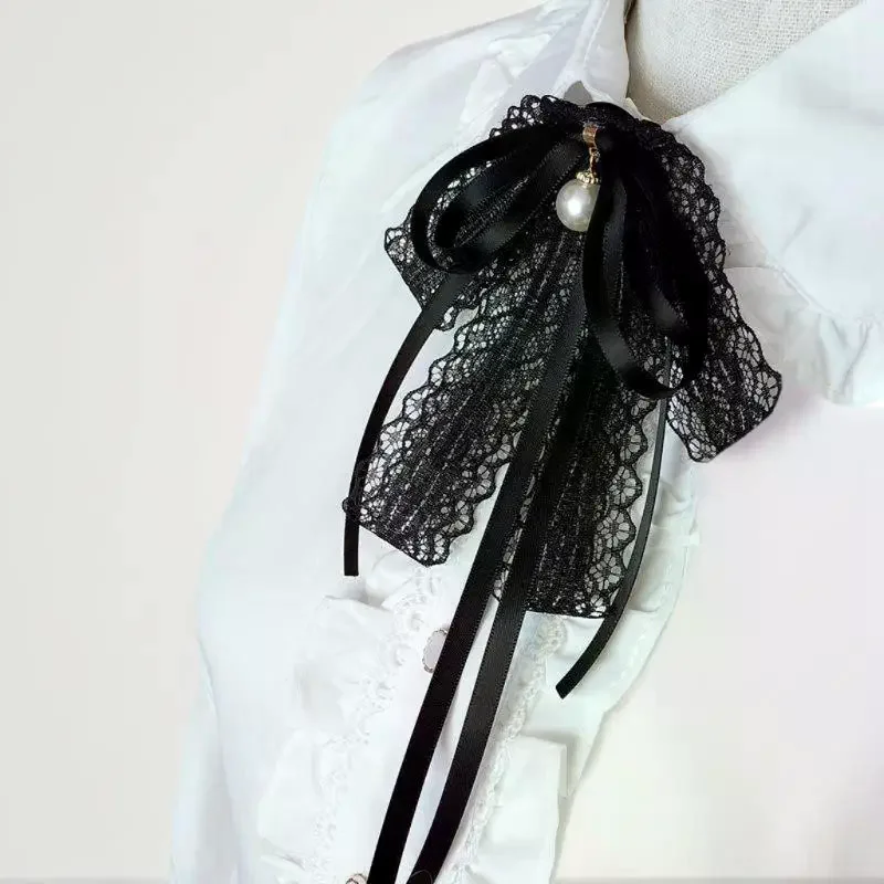Fashion Black Lace Ribbon Bow Tie Pearl Pendant Brooch Women Shirt Collar Clothes Necktie Decoration Accessories