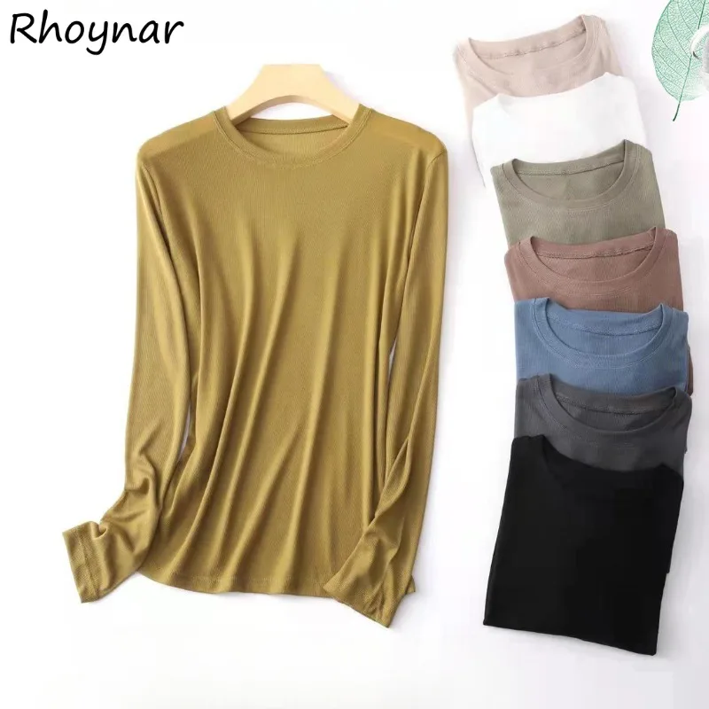 Solid T-shirts Women O-neck Lyocell Fabric Thin Long Sleeve Thin Sun Protection Korean Style Simple Cozy Temperament All-match