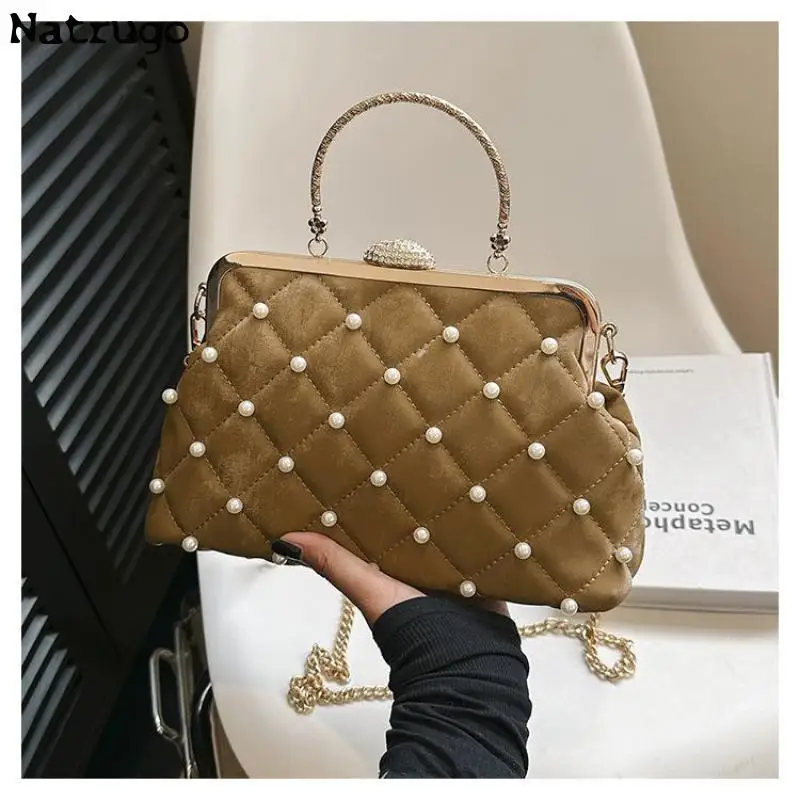 Elegant Velvet Female Pearl Handbag Vintage 2024 New Fashion Cocktail Party Evening Bag Wedding Party Bride Clutch Bag Purse