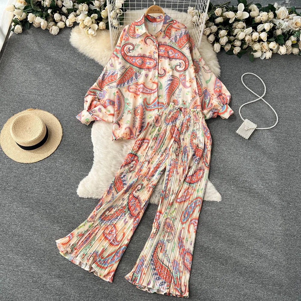 Loungewear Women Floral Casual Elegant 2 Pieces Set Loose Shirts Tops Wide Leg Pant Pajamas Suit Female Fashion Vintage Clothes