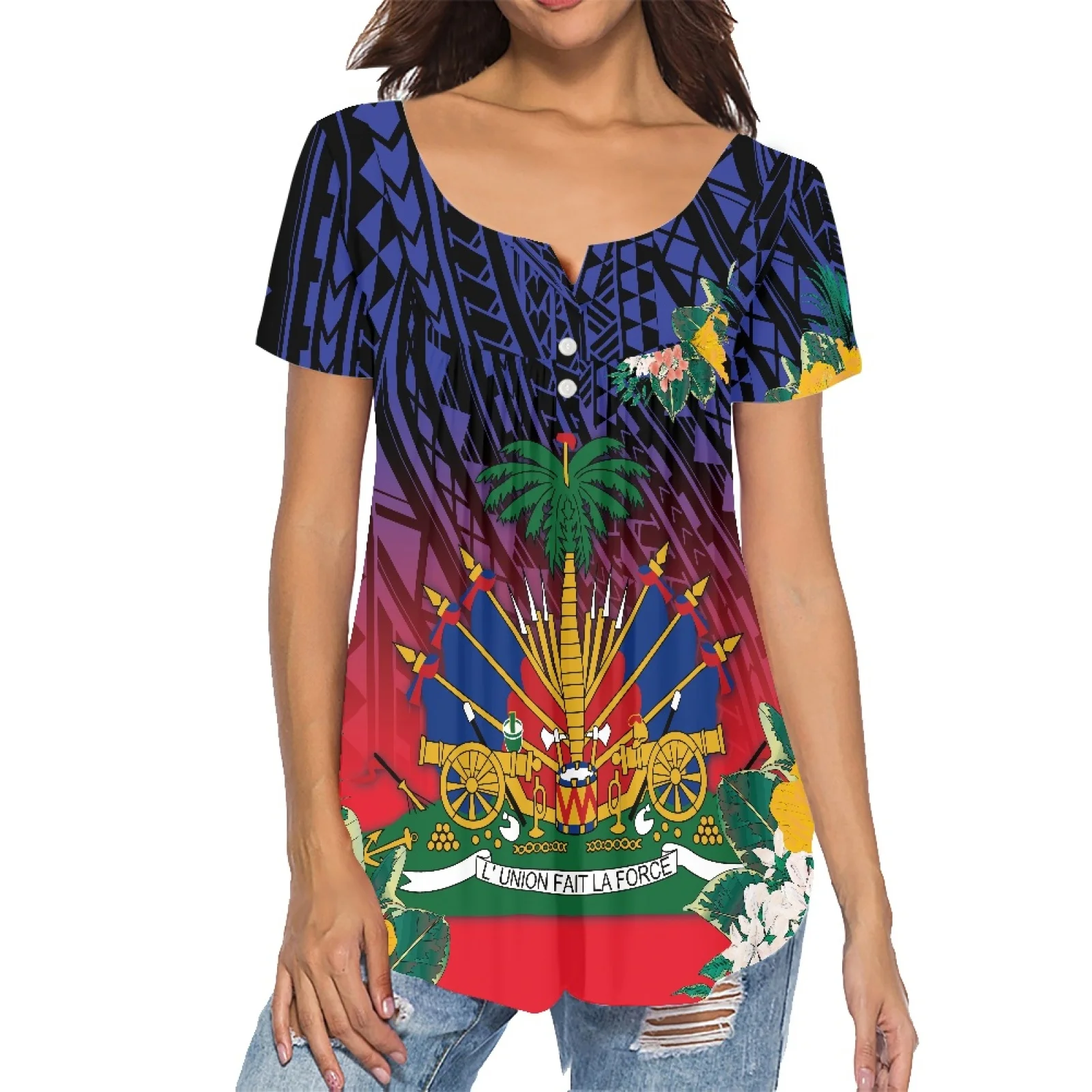 Polynesian Tribal Tattoo Printing Design Sexy and Low-cut Ladies V-neck Top Girl Trendy Casual Pleated Buckle Shirt Island Wear