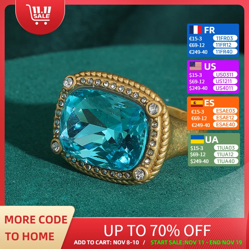 

Square Crystal Blue Ring Luxury Quality Jewelry Engagement Stone Gold Color Antique Vintage Wedding Rings Brands Woman Designer
