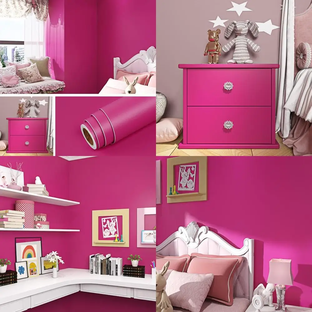 ورق جدران وردي قابل للتقشير واللصق مقاس 24 × 394 بوصة - ديكور غرفة نوم بناتي لامع للفتيات، ورق اتصال وردي داكن للجدران #1