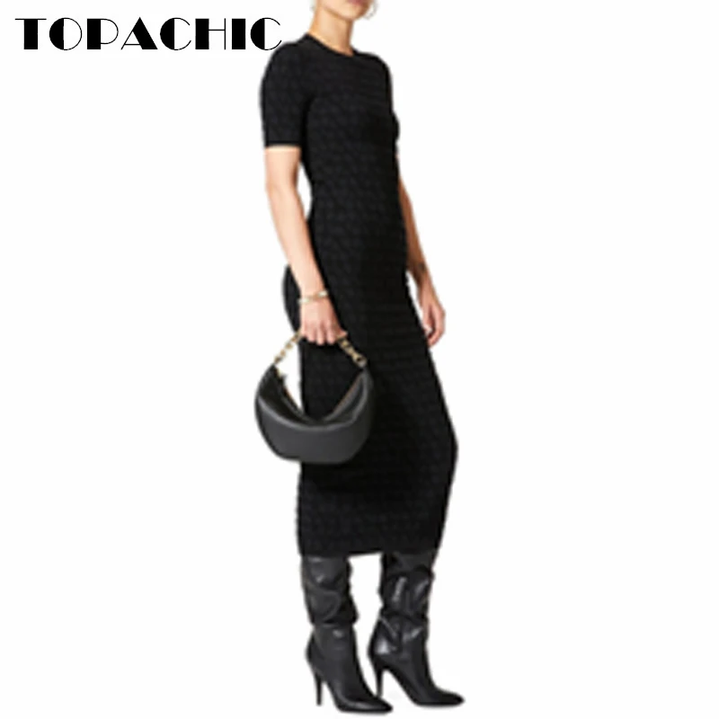 1.3 TOPACHIC Women\'s Fashion Round Neck Short Sleeve Letter Slim Knitted Midi Dress