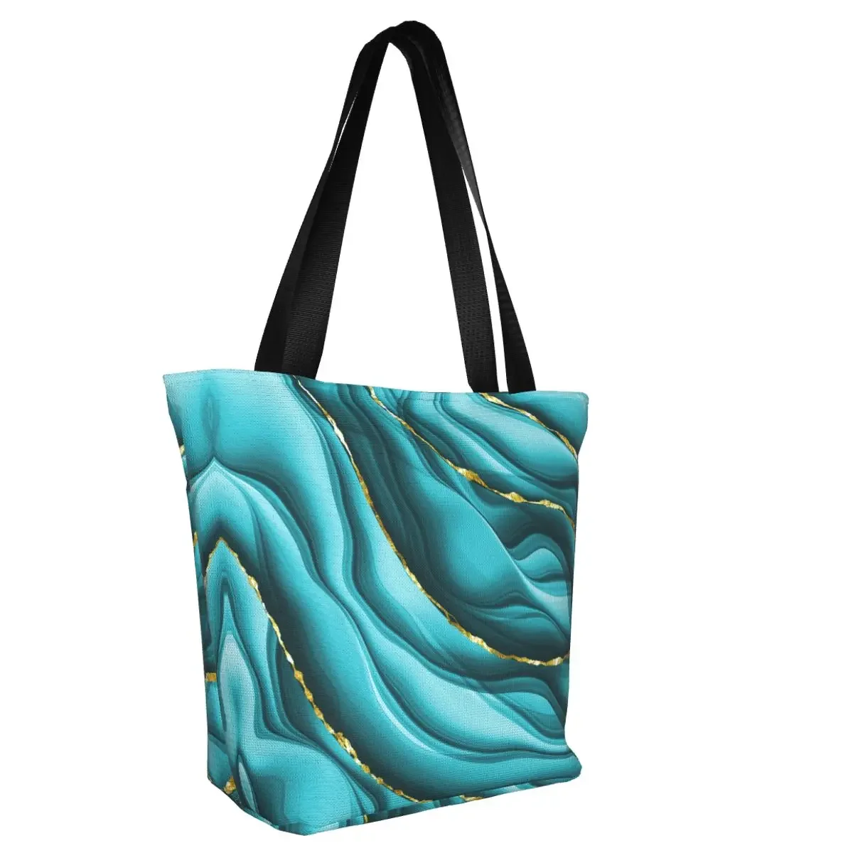 Custom Teal And Gold Abstract Ink Shopping Canvas Bag Women Durable Groceries Texture Marble Geometric  Shopper Tote Bags