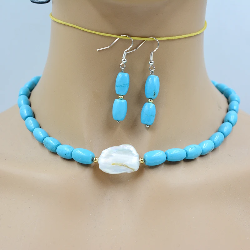 

Classic 8MM natural semi precious stone. Baroque pearl necklace earring set 17”