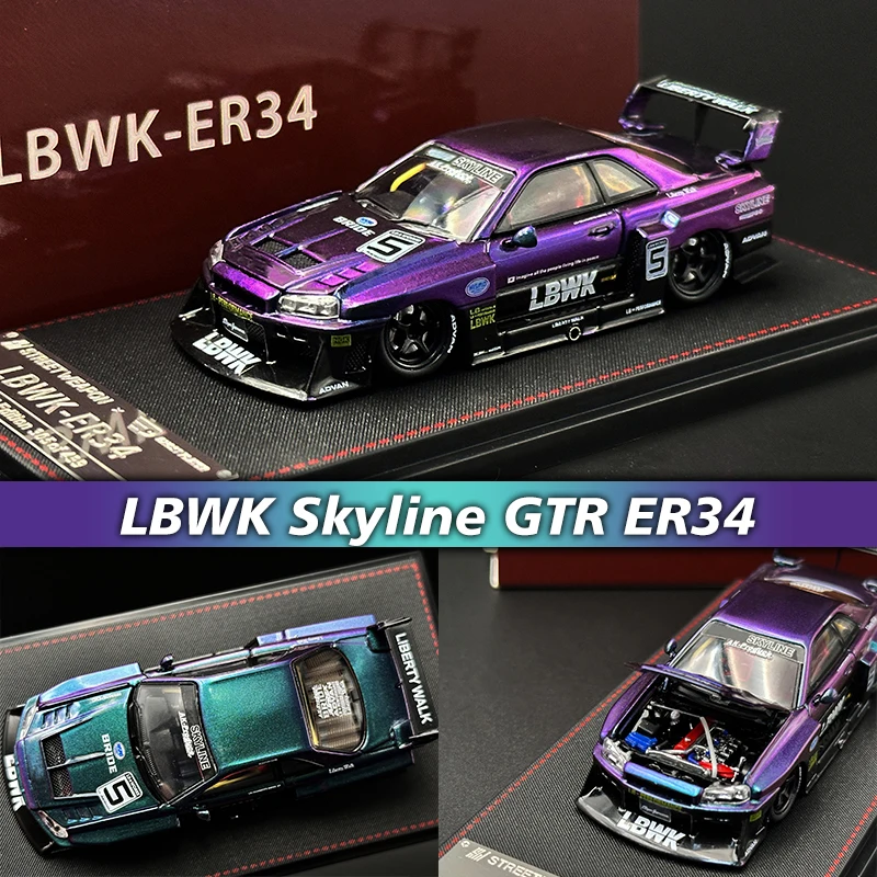 

SW In Stock 1:64 LBWK Skyline GTR ER34 Super Silhouette Chameleon Opened Hood Diecast Diorama Car Model Collection Street Weapon