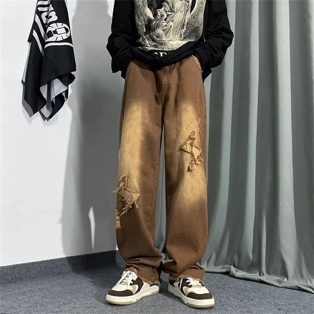 2022 Vibe Style Belt Zipper Brown Baggy Men Cargo Wide Jeans Pants Y2K Clothes Straight Hip Hop Denim Trousers Pantalones Hombre