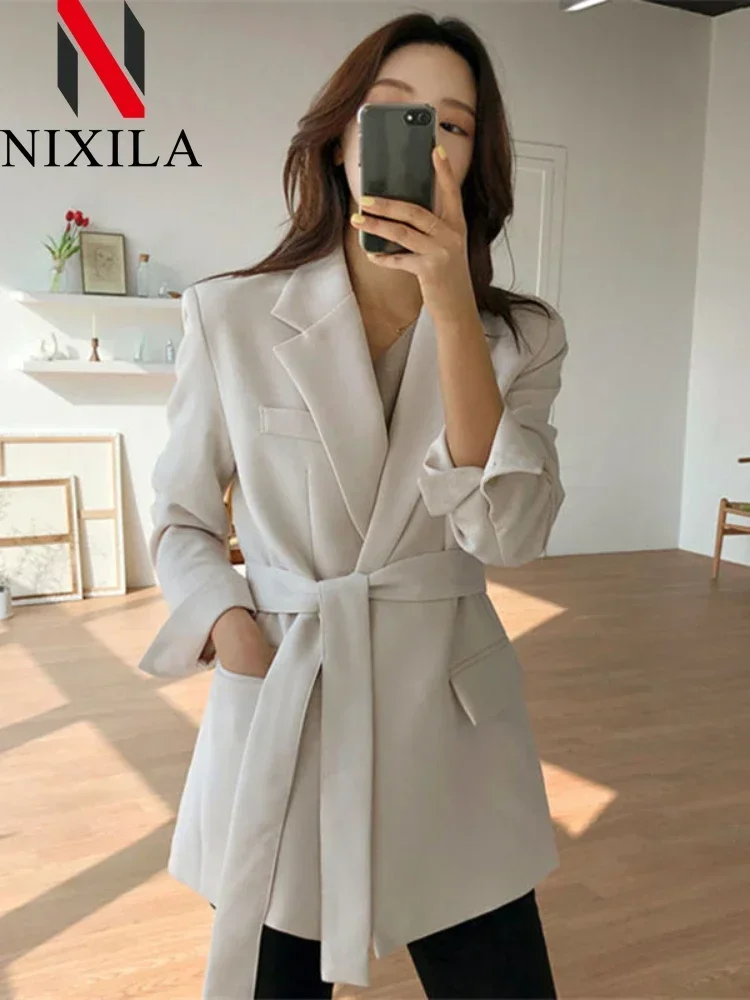 

New Autumn Winter Women's Blazers Mid Length Korean Fashion Elegance Long Sleeve Belt Jackets Casual Coat for Office Lady Tops