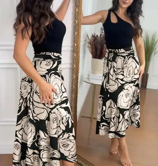 Gonna per le donne 2026 Nuova moda primaverile Colorblock Stampa floreale Avvolgente Gonna con lacci Gonna lunga casual con orlo asimmetrico