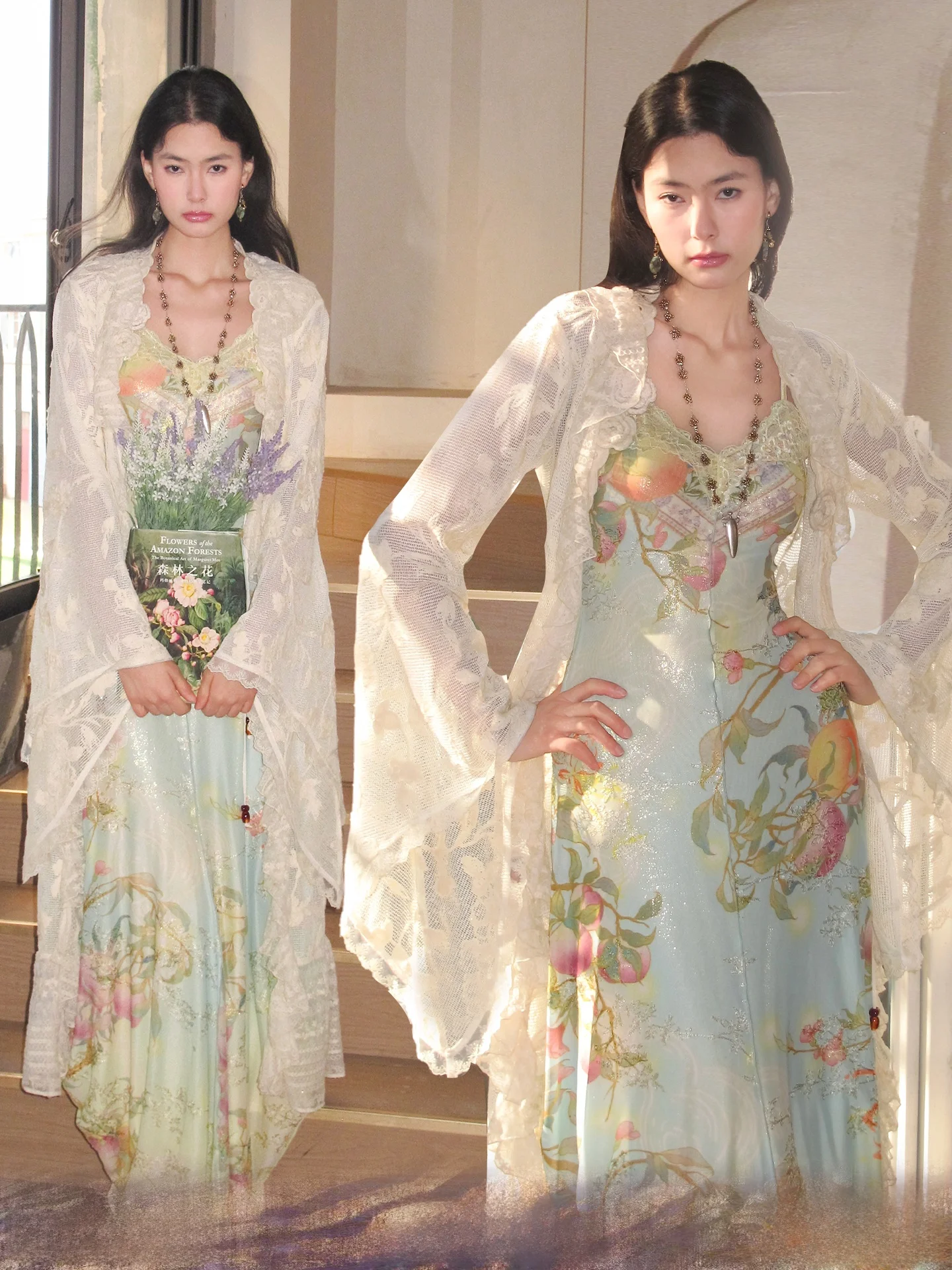 

OfAkiva Long Open Cardigan Goddess Style Lace Splicing Atmosphere Sense Plant Series Hooking Sensation Casual Style Women's S...