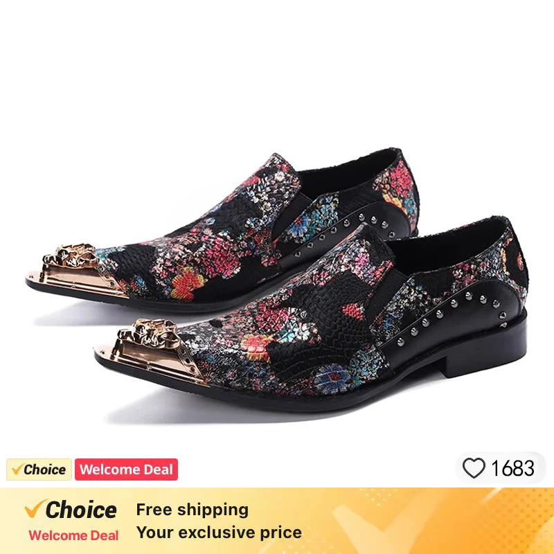 New Metal Pointed Toe Men Oxfords Shoes Fashion Print Wedding Party Dress Shoes Large Size Business Real Leather Casual Shoes