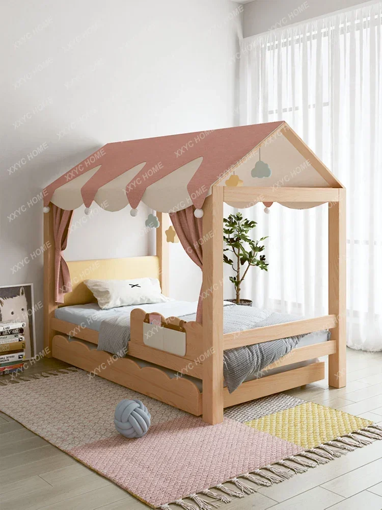 Children's Bed Girl's Bed Wooden House Bed Bunk Bed with Fence Boy's Solid Wood Tent Princess Bed