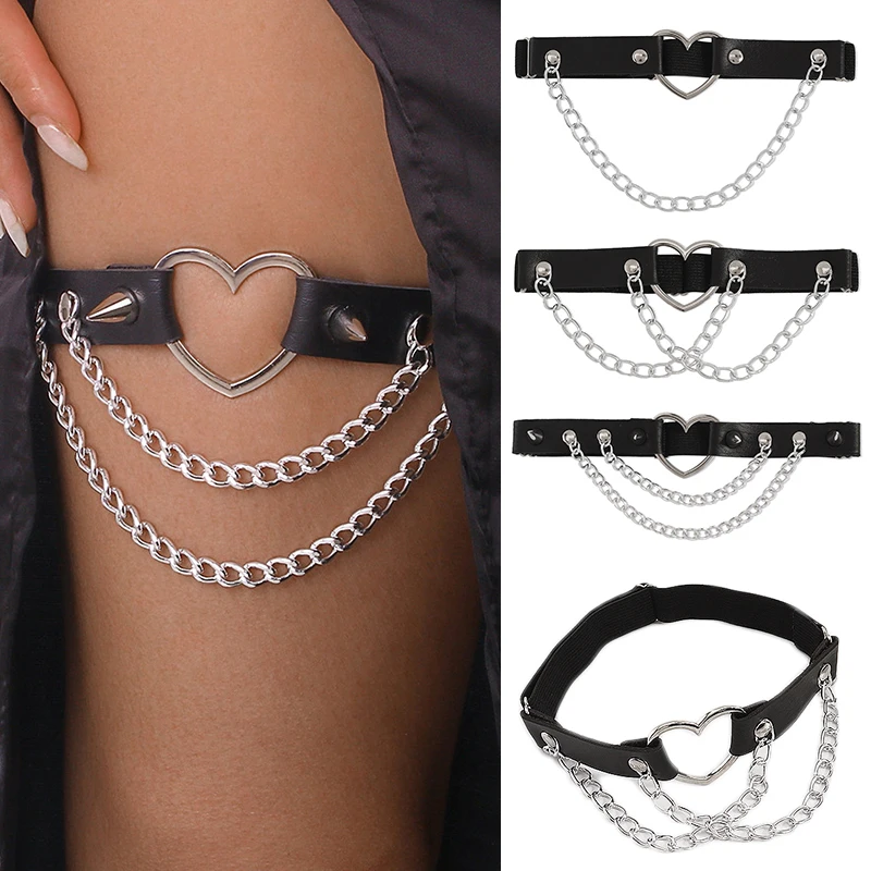 Sexy Leg Chain anello elastico in pelle gotico a spillo imbracatura per le donne ragazze cuore coscia giarrettiera cinturino girocollo gioielli per il corpo