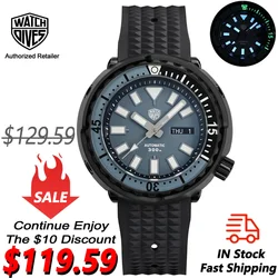 Watchdives atum relógio de mergulho automático nh36 movimento automático pvd revestido caixa de aço inoxidável relógio de pulso relógios de cristal de safira