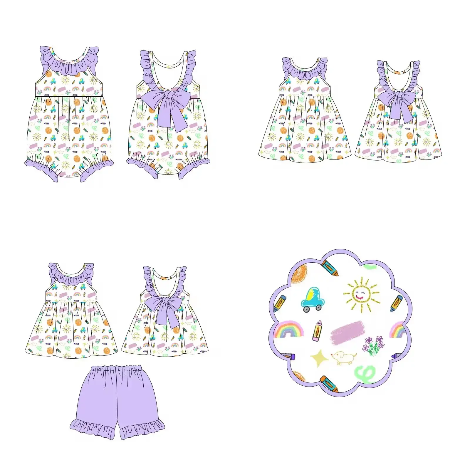 

Back to School Girls Collection Boutique Children Set Sleeveless Lace Bow Pencil Rainbow Print Shorts Lace set baby romper dress