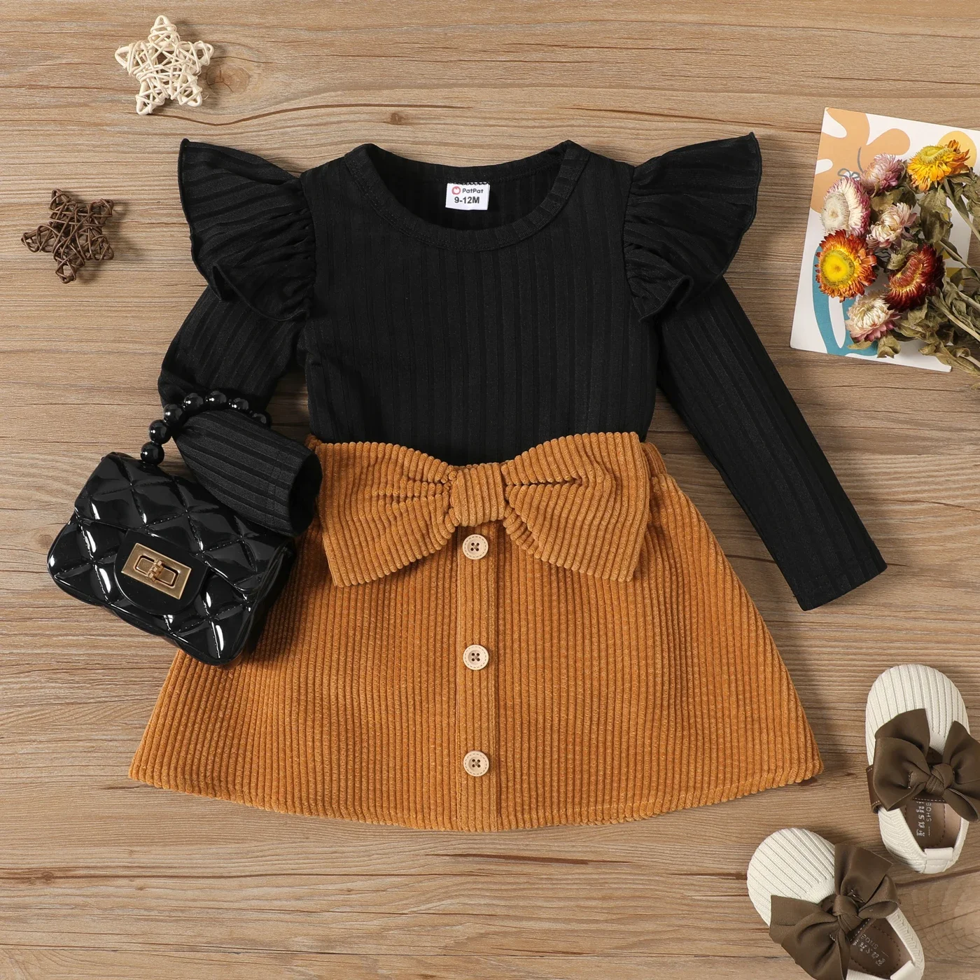 PatPat 2pcs Baby Girl Rib Knit Ruffled Long-sleeve Top and Button Front Corduroy Skirt Set Perfect for Outings and Daily Wear