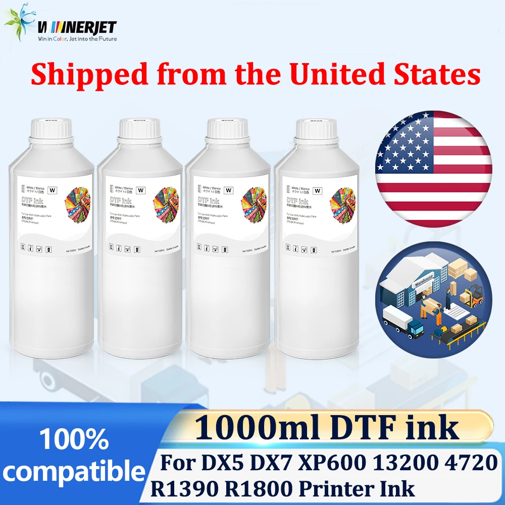 Winnerjet 4 bottles 1000ml White DTF ink For Epson DX5 DX7 L1800 L805 I3200 XP600 DTF Printing PET Film DTF Powder Transfer Ink