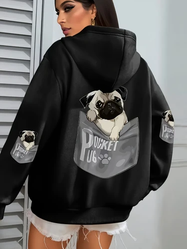 Sudaderas con capucha de Pug con bolsillo para mujer, sudaderas con estampado de perros y dibujos animados, sudaderas holgadas con bolsillos, Tops cálidos de lana para invierno, ropa negra de calle para mujer