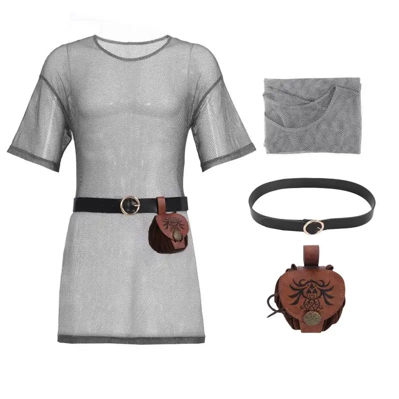 

WENAM Armor Tunic Shirt Set Medieval Faux Chain Tunic with Belt and Pouch Set Men's Renaissance Costume Shirt for LARP Cosplay