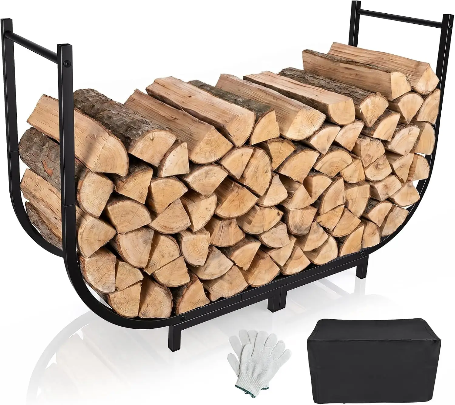 Firewood Rack Outdoor w Thicken Cover, 40 Inch Indoor Large Firewood Rack-Stable Curved Firewood Storage Heavy Duty & Rustproof Metal Log Holder w Hook for X-mas Decoration or Tools Nearby Fireplace