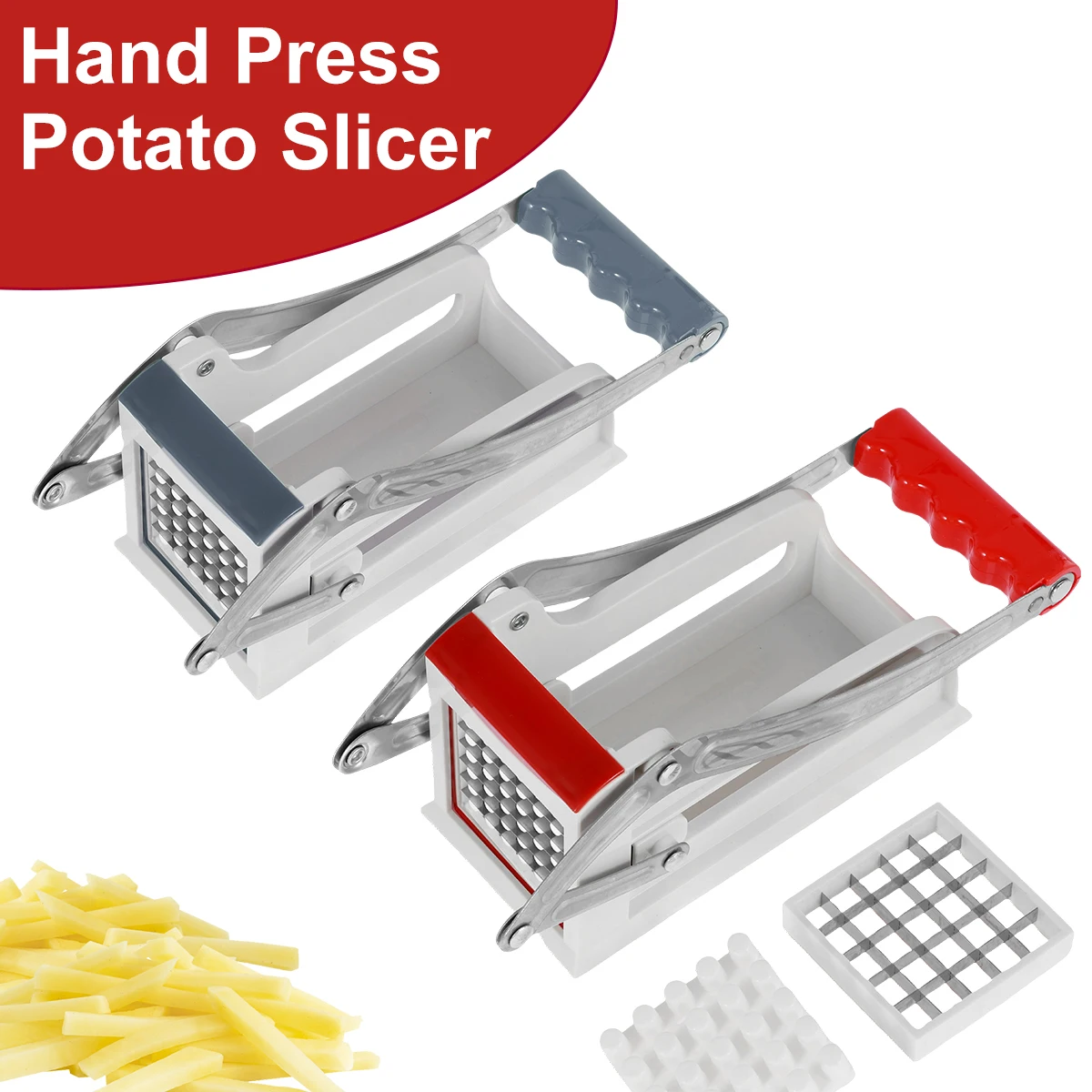 French Fry Cutter Stainless Steel Potato Chipper with 2 Blades Manual Food Slicer Dicer Multifunction Vegetable Fruit Chipper