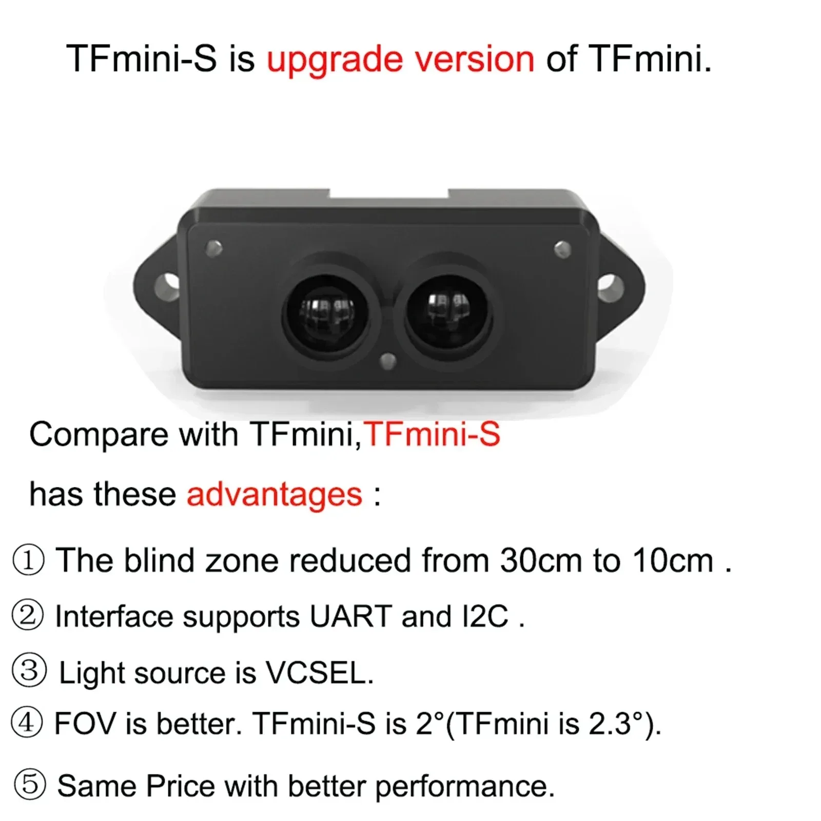 

Benewake TFmini-S Lidar Single-Point Micro Ranging Finder Module for Arduino Pixhawk 4.5-6V UART I2C Interface TFmini Upgraded