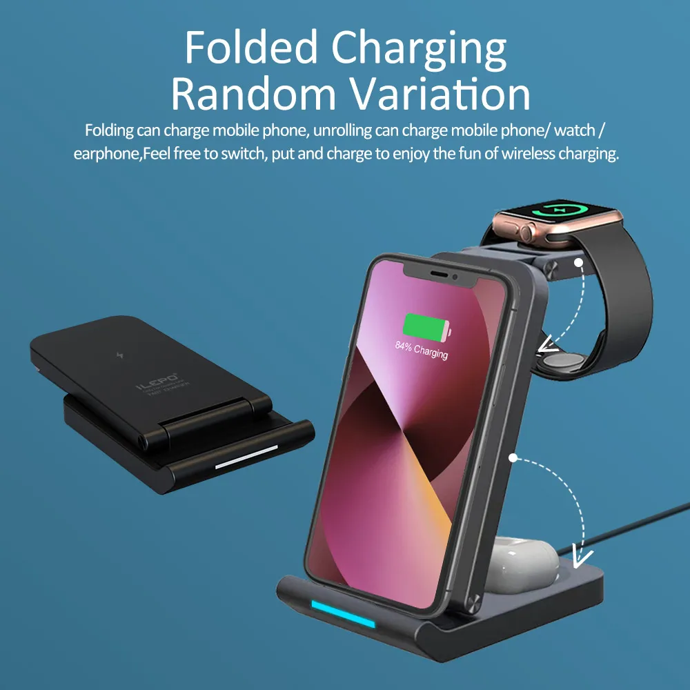 Беспроводное зарядное устройство iLEPO, 20 вт, складное, 3 в 1, для быстрой зарядки QI, для IPhone 14, 13, 12, 11, XR, 8, Apple Watch, Airpods Pro, IWatch
