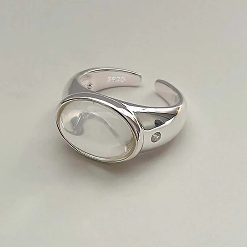 925 Sterling Silver Rings for Women Couple Minimalist Handmade Vintage Big White Stone Ring Fine Jewelry Gift Prevent Allergy