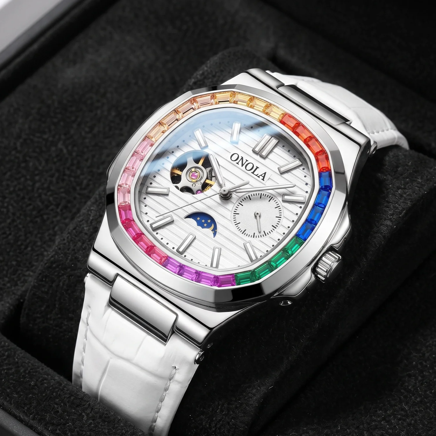 ONOLA men's mechanical watch alloy case, waterproof moon phase open dial rainbow rectangular crystal, gift for him