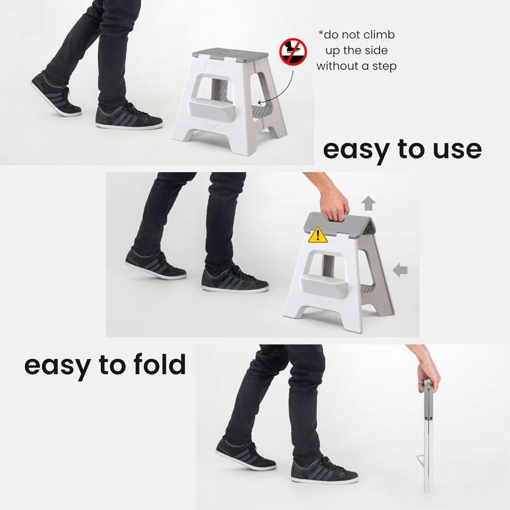 مقعد مدمج قابل للطي مقاس 16 بوصة سلم بخطوتين للبالغين بسعة 330 رطل وخفيف الوزن وغير قابل للانزلاق باللون الرمادي #4